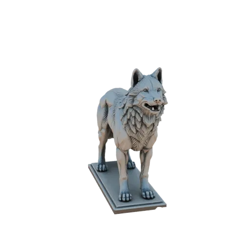 Детализированная 3D модель величественной статуи волка, стоящего настороженно на прямоугольном основании, в нейтральном сером