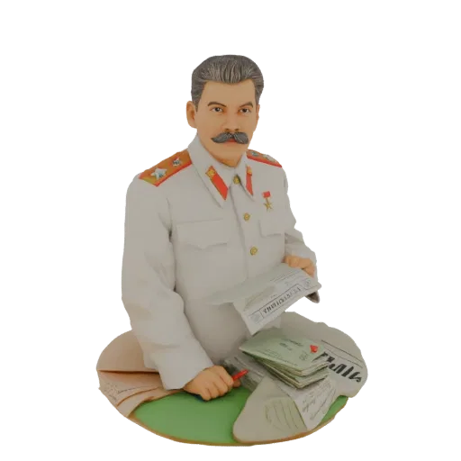 3D модель бюста Иосифа Сталина в форме, сидящего за столом с бумагами и ручкой.