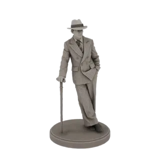 Серая 3D модель гангстера 1930-х в федоре и костюме в полоску, опирающегося на трость.
