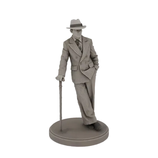 Серая 3D модель гангстера 1930-х в федоре и костюме в полоску, опирающегося на трость.