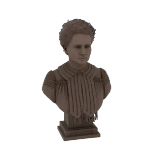 3D модель бюста Марии Кюри, детализированная скульптура с ее именем на подставке, представленная в отделке под бронзу.