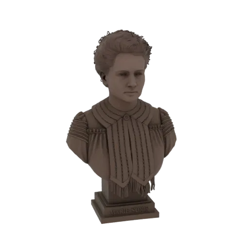 3D модель бюста Марии Кюри, детализированная скульптура с ее именем на подставке, представленная в отделке под бронзу.
