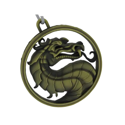 3D модель медальона дракона из Mortal Kombat с детализированной головой дракона в круглой рамке, выполненная с эффектом соста