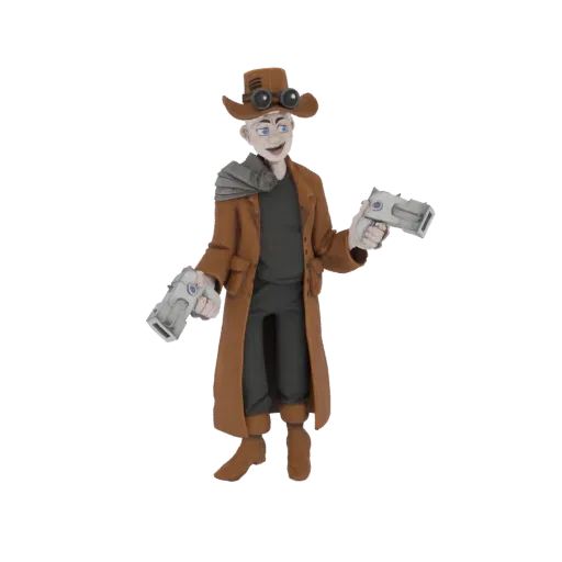 3D модель Стрелка в стиле Стимпанк в коричневом пальто и шляпе, с двумя пистолетами.