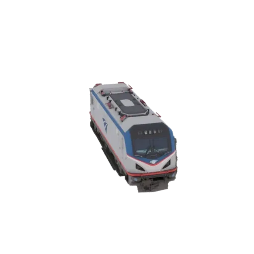 3D модель бело-синего локомотива Amtrak Acela Express, вид с немного приподнятого передне-правого угла.