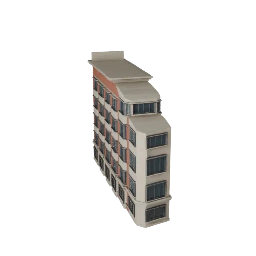 Реалистичная 3D модель богато украшенного фасада, вид с трех четвертей экстерьера, показывающий материалы фасада здания и арх