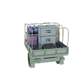 3D модель военного грузового прицепа, загруженного различными ящиками, контейнерами и припасами, вид сзади справа.