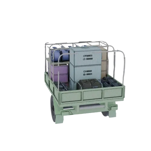 3D модель военного грузового прицепа, загруженного различными ящиками, контейнерами и припасами, вид сзади справа.
