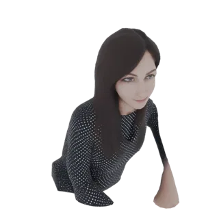 3D рендер элегантной женщины с длинными темными волосами в черном платье в белый горошек, грациозно позирующей.