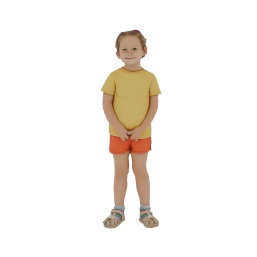 3D модель мальчика со светлыми волосами, в желтой футболке и оранжевых шортах, стоящего и улыбающегося.