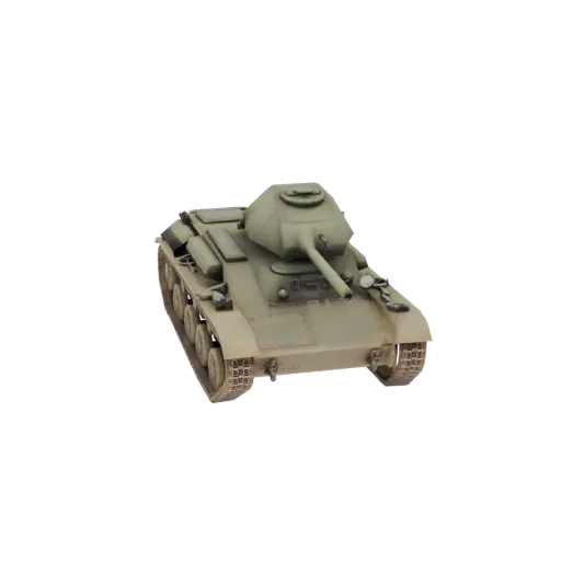 3D модель советского танка Т-34, вид спереди справа, с оливково-зеленой окраской и детализированными гусеницами.
