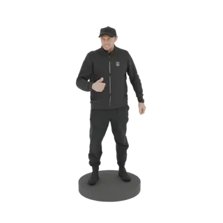 3D модель мужчины в черном спортивном костюме и кепке, стоящего на серой подставке и показывающего большой палец вверх.