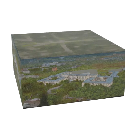 3D модель диорамы городского квартала с жилыми домами и деревьями, вид под углом.