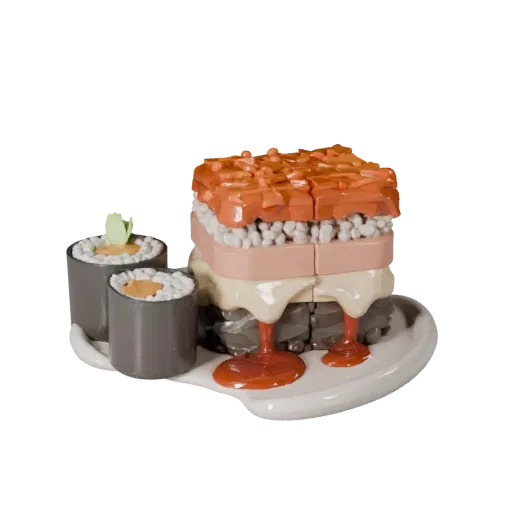 Высокополигональная 3D-модель "Набор суши для стритфуда", крупный план студийного рендера, показывающий соусы, композицию на