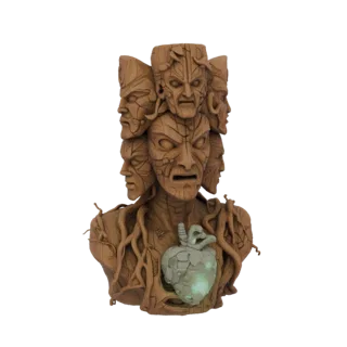 3D модель гротескного деревянного бюста идола с множеством кричащих лиц, переплетенными корнями и светящимся зеленым артефакт