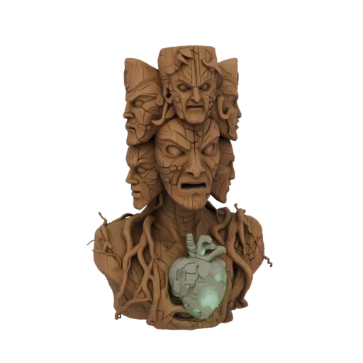 3D модель гротескного деревянного бюста идола с множеством кричащих лиц, переплетенными корнями и светящимся зеленым артефакт