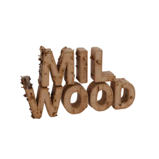 3D модель объемного текста MILWOOD, буквы выполнены из дерева с текстурой коры и опилками, расположены в две строки.