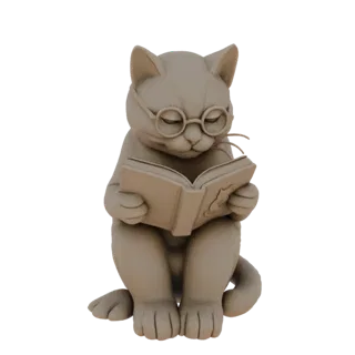 3D модель милого светло-коричневого кота в круглых очках, читающего открытую книгу, сидящего, положив лапы на страницы.