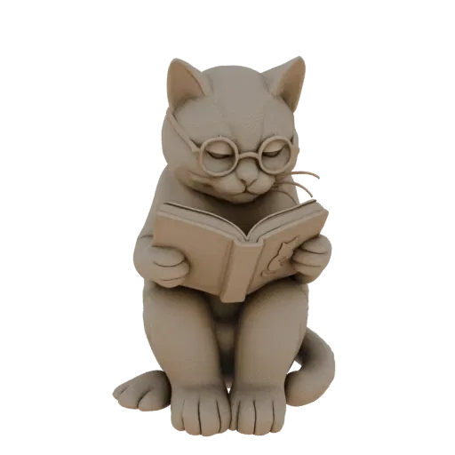 3D модель милого светло-коричневого кота в круглых очках, читающего открытую книгу, сидящего, положив лапы на страницы.