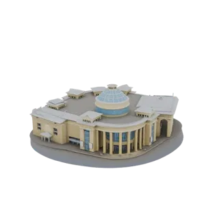 3D модель классической ротонды с большим стеклянным куполом и окружающими колоннами на белом фоне.