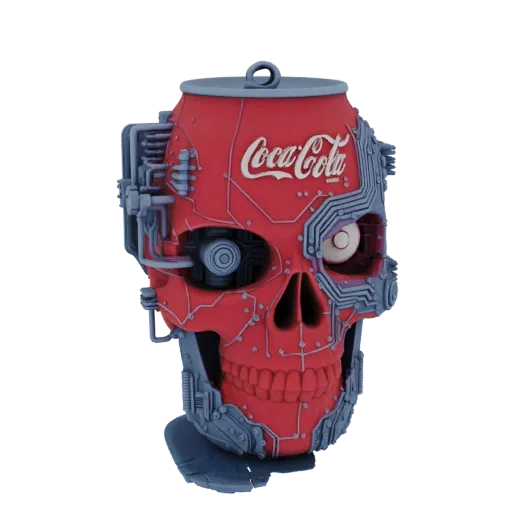 3D модель красной банки Кока-Колы, превращенной в детализированный киберпанк-череп с механическим глазом и схемами.