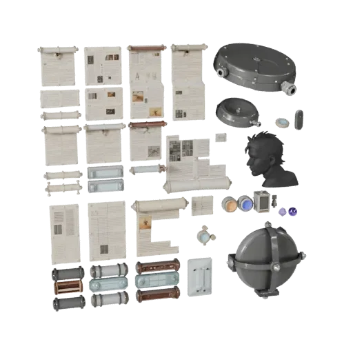 Модульная 3D-модель Urban Scroll Bundle, изометрический вид модульного набора, показывающий бумажные карточки, мелкие читаемы