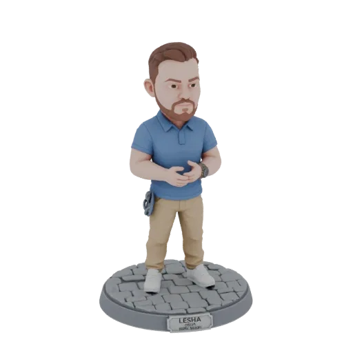 3D модель кегльмена в синей поло и хаки, стоящего на брусчатом основании.