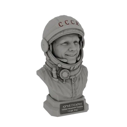 3D модель бюста Юрия Гагарина в космическом шлеме с эмблемой СССР на черном фоне.