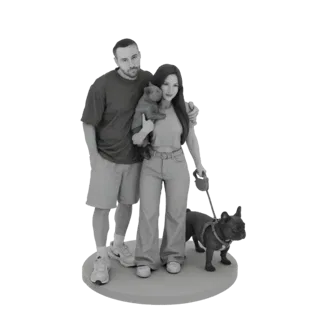 3D модель пары с двумя французскими бульдогами на подставке.