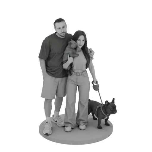 3D модель пары с двумя французскими бульдогами на подставке.