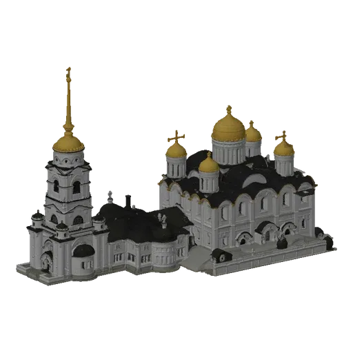 Рендер 3D модели православного собора с множеством золотых куполов и высокой колокольней на белом фоне.