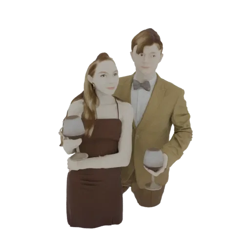 3D модель элегантной пары, мужчина в бежевом костюме и женщина в коричневом платье, держащие бокалы вина, на белом фоне.