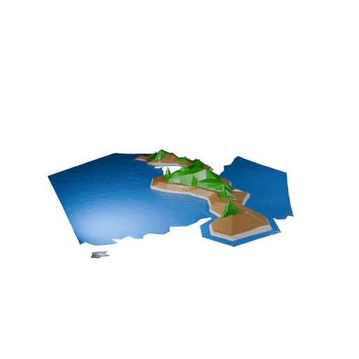 Низкополигональная 3D-модель берега озера, вид игрового окна с трех четвертей, показывающий мокрый камень, края воды.
