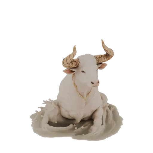 3D модель белого быка в золотой цепи, сидящего во всплеске молока с застывшими каплями