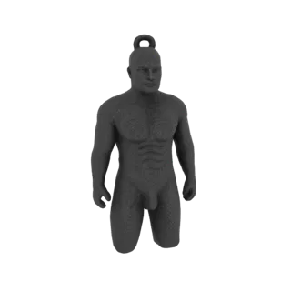 3D модель мускулистого мужского манекена с петлей на голове, представленная на белом фоне.