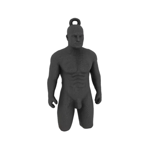 3D модель мускулистого мужского манекена с петлей на голове, представленная на белом фоне.