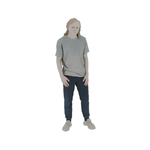 3D модель молодого человека со светлыми волосами, в серой футболке и темных спортивных штанах, стоит непринужденно.