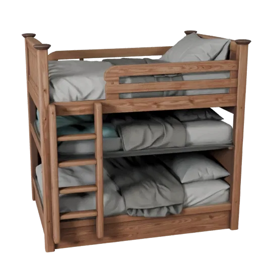 Реалистичная 3D-модель двухъярусной кровати-платформы, спальня, рендер в студии с трех четвертей, детали ткани.