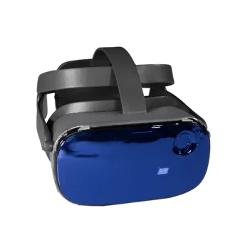 3D-модель VR-гарнитуры, вид спереди в три четверти, рендер студии AR-просмотрщика, показывающий силикон, носимую посадку.