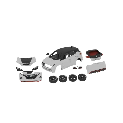 3D модель разобранного автомобиля Nissan Leaf, показывающая отдельные кузовные панели, капот, двери, колеса и бамперы, разлож