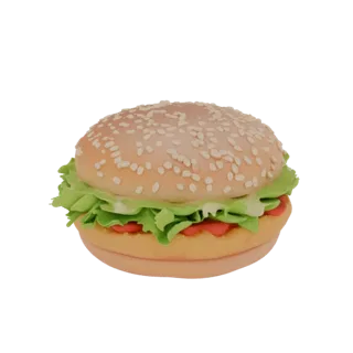 3D модель реалистичного гамбургера с булочкой с кунжутом, салатом и помидором на белом фоне.