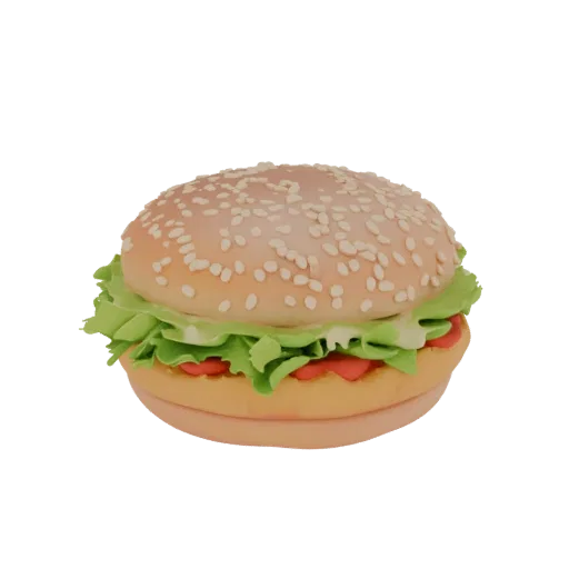 3D модель реалистичного гамбургера с булочкой с кунжутом, салатом и помидором на белом фоне.