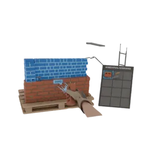 3D модель VR инструмента для кладки, устанавливающего синий кирпич на красную кирпичную стену, с панелью инвентаря на заднем