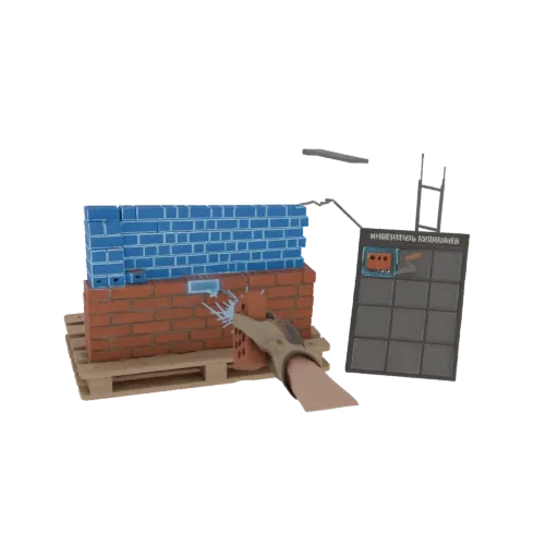 3D модель VR инструмента для кладки, устанавливающего синий кирпич на красную кирпичную стену, с панелью инвентаря на заднем