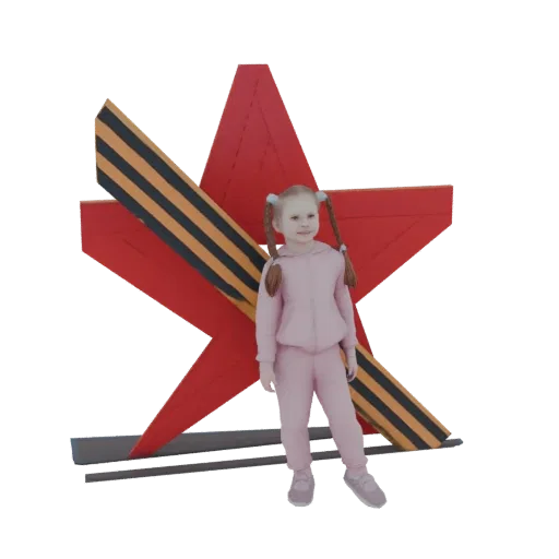 3D модель девушки с косичками в розовом спортивном костюме, стоящей перед большой красной звездой с Георгиевской лентой.
