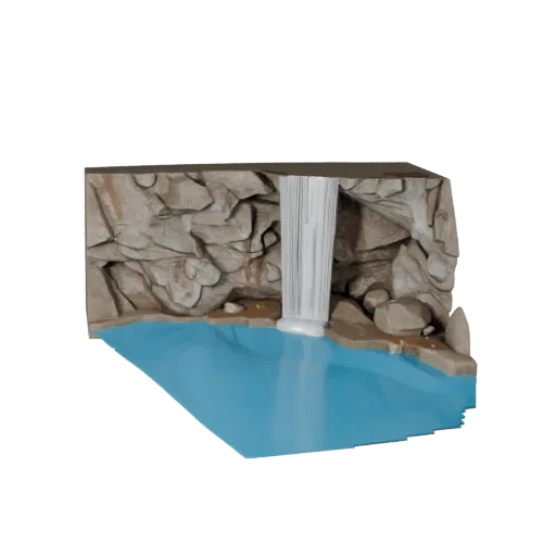 Стилизованная 3D-модель бассейна с водопадом в пещере, стилизованный изометрический рендер окружения, показывающий влажный ка