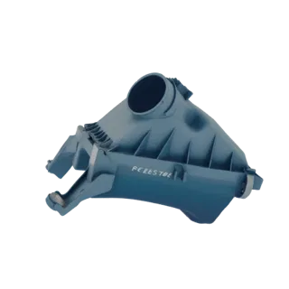 3D model of a blue automotive air intake duct with 'PERESTOE' marking, shown from a side-angle against a white background.