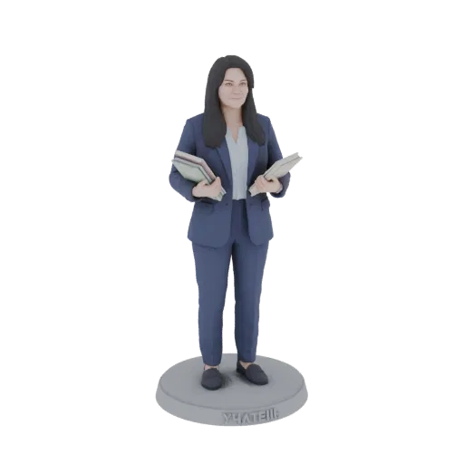 3D модель женщины-учителя в синем костюме с книгами, стоящей на круглой подставке с русским текстом.