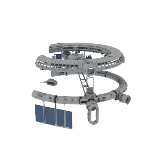 Печатаемая 3D-модель модуля обитания в глубоком космосе, изометрический рендер STL, показывающий металлические модули, модуль