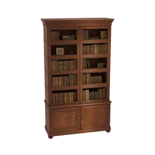 3D модель классического деревянного книжного шкафа с множеством полок, заполненных книгами, и шкафом с двойными дверцами в ос